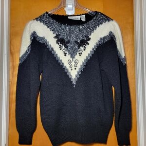 Vintage 80s Angora Wool Blend Knit Sweater With Embroidery And Floral Appliqué